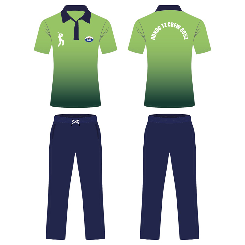 Custom green gradient sublimation cricket polo and trouser set with team name printing in Dubai for ADNOC TZ Crew by Salima Clothing
