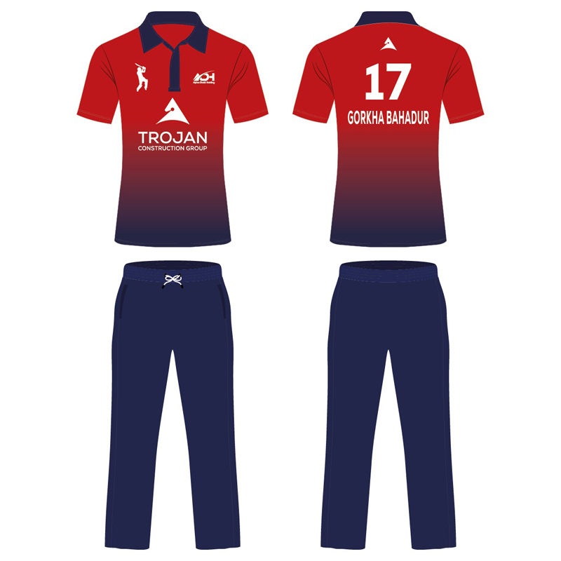 Red to navy gradient sublimation cricket uniform with player name and number printing in Dubai by Salima Garments and Tailoring