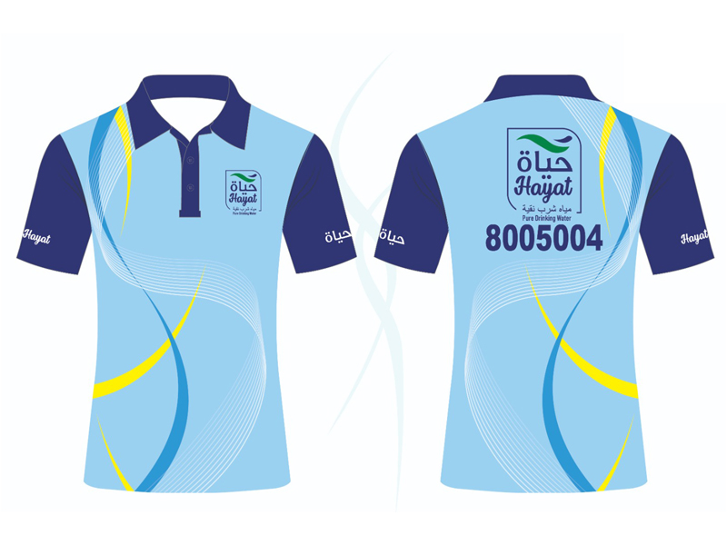 Custom sublimation polo shirt printing in Dubai with full-colour edge-to-edge design for Hayat corporate uniform by Salima Garments