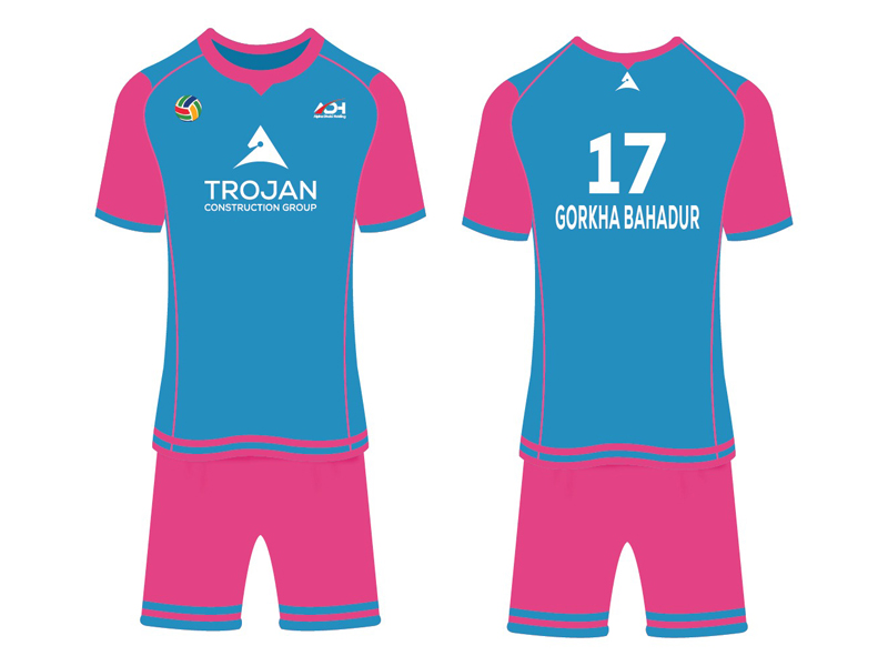 Bold blue and pink full-colour sublimation volleyball jersey and shorts set with team logo and player number printing in Dubai by Salima Garments