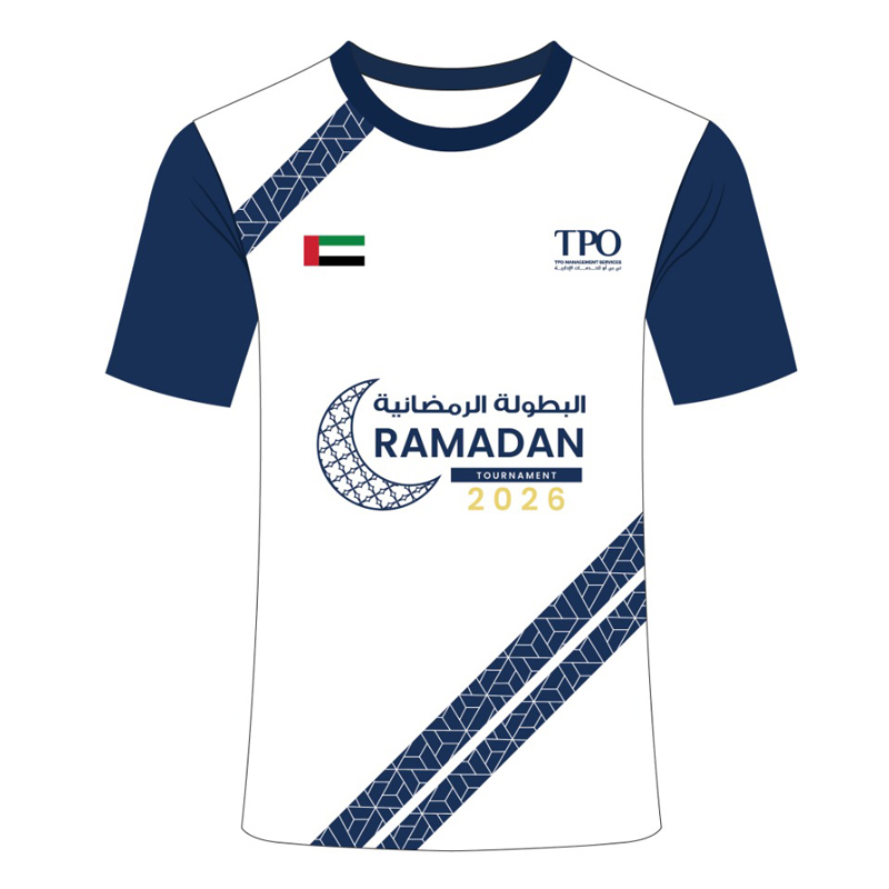 Custom sublimation printed tournament t-shirt with geometric pattern sleeves and event branding for Ramadan Tournament 2026 in Dubai by Salima Clothing